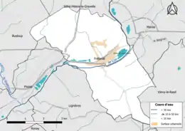 Carte en couleur présentantle réseau hydrographique de la commune