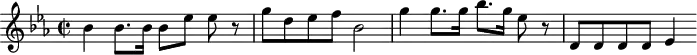 
\version "2.18.2"
\header {
  tagline = ##f
}
\score {
  \new Staff \with {
  }
<<
  \relative c'' {
    \key ees \major
    \time 2/2  
    \tempo 2 = 45
    \override TupletBracket #'bracket-visibility = ##f 
     %%Mozart — Concerto 24, mvt 2, th. 1
     bes4 bes8. bes16 bes8[ ees] ees r8 g8 d ees f bes,2 g'4 g8. g16  bes8.[ g16] ees8 r8 d,8 d d d ees4
  }
>>
  \layout {
     \context { \Score \remove "Metronome_mark_engraver" }
  }
  \midi {}
}
