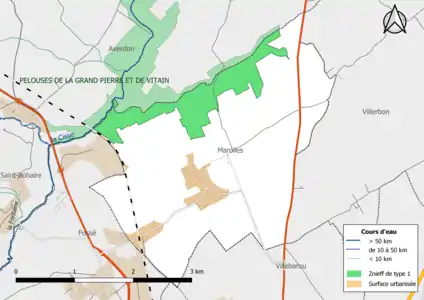 Localisation de la ZNIEFF de type 1 sur la commune.