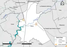 Carte en couleur présentantle réseau hydrographique de la commune