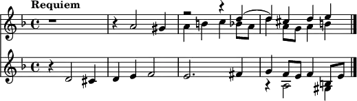 
<<
    \new Staff = "up" \with {
  midiInstrument = "clarinet"
}\relative c' {
  \clef treble 
  \key d \minor
  \time 4/4
  \tempo "Requiem"
  \tempo 4 = 50
   r1
   r4 a'2 gis4
   <<{
     r2 r4 d'4(
     d4) cis d e
     } \\ {
     a,4 b4 c bes8 a8 
     d4 a8 g8 a4 b4
   }>>
   \bar "|."
}
  \new Staff = "down" \with {
  midiInstrument = "bassoon"
} \relative c'  {
  \clef treble
  \key d \minor
  \time 4/4
   r4 d2 cis4
   d4 e4 f2
   e2. fis4
   <<{
     g4 f8 e8 f4 b,8 e8
     } \\ {
     r4 a,2 gis4
   }>>
}
  >>
