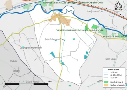 Carte des ZNIEFF de type 1 localisées sur la commune.