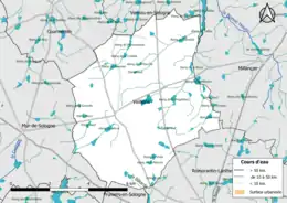 Carte en couleur présentantle réseau hydrographique de la commune