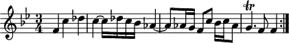 
\version "2.18.2"
\header {
  tagline = ##f
  % composer = "Johann Pachelbel"
  % opus = "Hexachordum Apollinis : Aria sexta"
  % meter = ""
}
\score {
<<
  \relative c' {
    \key g \minor
    \time 3/4
    \override TupletBracket #'bracket-visibility = ##f 
     f4 c' des | c~ c16 des c bes aes4~ | aes8 aes16 g f8 c' bes16 c aes8 | g4.\trill f8 f4 \bar ":|." 
  }
>>
  \layout {
     #(layout-set-staff-size 17)
     \context { \Score \remove "Metronome_mark_engraver" 
     \override SpacingSpanner.common-shortest-duration = #(ly:make-moment 1/2)
     }
  }
}
