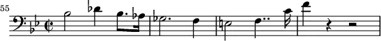 
\header {
  tagline = ##f
}
\score {
  \new Staff \with {
  }
<<
  \relative c' {
    \key bes \major
    \time 2/2
    \tempo 2 = 80
    \override TupletBracket #'bracket-visibility = ##f 
    %\autoBeamOff
    \set Score.currentBarNumber = #55
    \set Staff.midiInstrument = #"French horn"
    \bar ""
     %%% AB 5-1 th1
     \clef bass bes2 des4 bes8. aes16 ges2. f4 e!2 f4.. c'16 f4 r4 r2
  }
>>
  \layout {
    \context { \Score \remove "Metronome_mark_engraver"
    }
  }
  \midi {}
}
