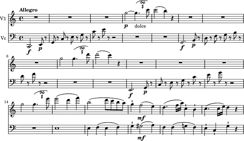 
<<
\new Staff \with { instrumentName = #"V1 "}  \relative c'' {
    \version "2.18.2"
    \key c \major 
    \tempo "Allegro"
    \tempo 4 = 130
    \time 4/4
    R1 R1 R1
    g'2\p ~ \transpose f g \relative c'' <<
         { f4._\markup{dolce} ( b8) }
         {
           s4
           \once \set suggestAccidentals = ##t
           \once \override AccidentalSuggestion.outside-staff-priority = ##f
           \once \override AccidentalSuggestion.avoid-slur = #'inside
           \once \override AccidentalSuggestion.font-size = -3
           \once \override AccidentalSuggestion.script-priority = -1
           \single \hideNotes
           b8-\turn \noBeam
           s8
} >> c2 (b4) r R1 R1 R1
g2 \transpose f g \relative c'' <<
         { f4.( c'8) }
         {
           s4
           \once \set suggestAccidentals = ##t
           \once \override AccidentalSuggestion.outside-staff-priority = ##f
           \once \override AccidentalSuggestion.avoid-slur = #'inside
           \once \override AccidentalSuggestion.font-size = -3
           \once \override AccidentalSuggestion.script-priority = -1
           \single \hideNotes
           b8-\turn \noBeam
           s8
} >> d'2 (c4) r R1 R1 R1
g2 \transpose f g \relative c'' <<
         { f4.( d'8) }
         {
           s4
           \once \set suggestAccidentals = ##t
           \once \override AccidentalSuggestion.outside-staff-priority = ##f
           \once \override AccidentalSuggestion.avoid-slur = #'inside
           \once \override AccidentalSuggestion.font-size = -3
           \once \override AccidentalSuggestion.script-priority = -1
           \single \hideNotes
           cis8-\turn \noBeam
           s8
} >> e'2 (d4 f) b,2 (d8 c b a)
g4-! f2\mf (e4)
d4. (f16 a) c,4-! b-!
c4. (c16 e) d4 r
}
\new Staff \with { instrumentName = #"Vc "} \relative c {
    \key c \major 
    \clef "bass"
    \time 4/4
     c,2. \f e8\p r 
     g r c r e r g r
     c r e  r r2 R1 R1
     g,,2. \f b8\p r 
     d r f r g r b r
     d r f  r r2 R1 R1
     e,,2. \f g8\p r 
     c r e r g r c r
     e r g  r r2 R1 
     e,1 e4 f (e f) g-! gis2\mf (a4)
     f f (g! f)
     e-! c-! g'-! r
}
>>
