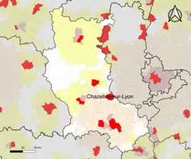 Localisation de l'aire d'attraction de Chazelles-sur-Lyon dans le département de la Loire.