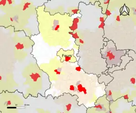 Localisation de l'aire d'attraction de Feurs dans le département de la Loire.