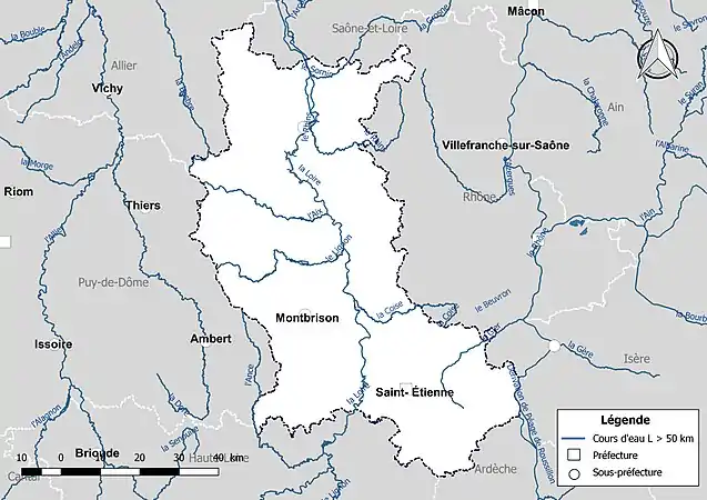 Carte des cours d'eau de longueur supérieure à 50 km de la Loire.