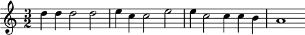 
\header {
  tagline = ##f
}
\score {
  \new Staff \with {
    % \remove "Time_signature_engraver"
  }
  \relative c'' {
    \key c \major
    \time 3/2
    \tempo 2 = 96
    %\autoBeamOff
    \clef treble
    \override Rest #'style = #'classical
      % « Vous qui êtes soldats de Dieu et de sa Loi » 
      d4 d d2 d | e4 c c2 e | e4 c2 c4 c b | a1
  }
  \layout {
    \context {
      \Score
      \remove "Metronome_mark_engraver"
    }
  }
  \midi {}
}
