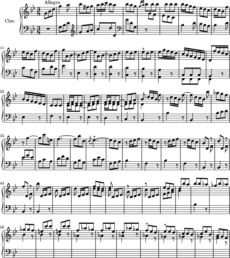 
\version "2.18.2"
\header {
  tagline = ##f
  % composer = "Domenico Scarlatti"
  % opus = "K. 97"
  % meter = "Allegro"
}
%% les petites notes
trillEesq      = { \tag #'print { ees8^\markup{+} } \tag #'midi { f32 ees f ees } }
trillEespq     = { \tag #'print { ees4.~^\markup{+} } \tag #'midi { f32 ees f ees~ ees4 } }
trillFq      = { \tag #'print { f8^\markup{+} } \tag #'midi { ges32 f ges f } }
upper = \relative c'' {
  \clef treble 
  \key g \minor
  \time 3/8
  \tempo 4. = 78
      s8*0^\markup{Allegro}
      g8 bes d | g4 a8 | bes8 fis g | \times 2/3 { a16[ bes c] } bes8 a | bes a g | \grace { g16 a } \repeat unfold 6 { bes8 } | bes16 a g8 f |
      % ms. 9
      ees8 d c | d16 c bes8 f' | ees16 d c8 f | d16 c bes8 f' | g a, bes~ | bes d ees~ | ees a, bes~ | bes c d | ees d ees |
      % ms. 18
      \trillEesq d ees | ees g16 f ees d | c bes a g f ees | d8 f'16 ees d c | bes a g f ees d | c8 c c | 
      << { ees16 f ees8 ees~ | ees f g | f16 g f8 f~ | f g a | bes8 \omit TupletNumber  \times 2/3 { d16[ c bes] } } 
       \\ { c,16 d c8 c~ | c d ees | d16 ees d8 d~ | d ees ees | d4 } >> 
      % ms. 28 fin…
      f'8 | r8 \omit TupletNumber \times 2/3 { d16[ c bes] } f'8~ | f  \times 2/3 { d16[ c bes] } bes'8 | aes g f | r8 g4~ | g8 c e, |
      % ms. 36
      f4.~ | f8 bes d, | \appoggiatura d8 \trillEespq | ees8 d c | \repeat unfold 2 { r8 d16 ees f8 | r8 ees16 d c8 } |
      % ms. 42
      << { bes8 d, r8 | d'8 d, r8 | f'8 d, r8 } 
       \\ { \repeat unfold 3 { s4 f8 } } >> 
      bes'8 d,,16[ ees f8] | bes8 d,16[ ees f8] | d'8 d,16[ ees f8] |
      << { f'8 ees d | ees } \\ { d8 c bes | c } >> | c,16 d ees8 |
      % ms. 50
      << { \repeat unfold 2 { r8 c16 d ees8 } } 
       \\ { a8 s4 | c8 s4 } >> |
      \stemUp ees8 d c | d bes' a | bes bes aes | ges bes aes | ges ges f |  \repeat unfold 2 { e c' c } |
      % ms. 59
      f,8 aes ges | f aes ees | d aes' ges | \trillFq ees8 d | \trillEesq ees8 d | c c bes | c ees bes | a g f |
}
lower = \relative c' {
  \clef bass
  \key g \minor
  \time 3/8
    % ************************************** \appoggiatura a16  \repeat unfold 2 {  } \times 2/3 { }   \omit TupletNumber 
      R4. | g8 bes d |   \clef treble g a bes | c d d,   \clef bass | g d g, | r8 \stemDown \change Staff = "upper"  g' f ees d c | \stemNeutral \change Staff = "lower"  bes4 d8 |
      % ms. 9
      c8 bes a | bes4 d8 | c8 a f | bes d bes | ees4 r8 | ees,4 r8 | \repeat unfold 2 { < d d' >4 r8 } | < c c' >4 r8 |
      % ms. 18
      < bes bes' >4 r8 | < a a' >4 r8 | << { c8 c c | bes4 } \\ { f8 f f | f4 } >> r8 | ees'4 r8 | f4 r8 | \repeat unfold 2 { ees4 r8 } | 
      % ms. 26
      d4 r8 | c4 r8 | bes4 r8 | bes'4 r8 | bes,4 r8 | bes'8 c d | << { ees8 g ees } \\ { ees4 } >> | a,8 c a |
      % ms. 34
      d8 f d | g, bes g | c ees c | f, g a | \repeat unfold 2 { bes4 r8 | f4 r8 } | 
      % ms. 42
      \repeat unfold 4 { bes,4 r8 } s4.*6 \stemDown \change Staff = "upper" |
      % ms. 52
      f''8 g a | bes4 s8 | \stemNeutral \change Staff = "lower" bes,4 r8 | s4. |
      \stemDown \change Staff = "upper"  \repeat unfold 3 { bes'4 r8 } |
      % ms. 59
      \repeat unfold 4 { aes4 r8 } | \repeat unfold 3 { ges4 r8 } | f4 r8 |
}
thePianoStaff = \new PianoStaff <<
    \set PianoStaff.instrumentName = #"Clav."
    \new Staff = "upper" \upper
    \new Staff = "lower" \lower
  >>
\score {
  \keepWithTag #'print \thePianoStaff
  \layout {
      #(layout-set-staff-size 17)
    \context {
      \Score
     \override TupletBracket.bracket-visibility = ##f
     \override SpacingSpanner.common-shortest-duration = #(ly:make-moment 1/2)
      \remove "Metronome_mark_engraver"
    }
  }
}
\score {
  \keepWithTag #'midi \thePianoStaff
  \midi { \set Staff.midiInstrument = #"harpsichord" }
}
