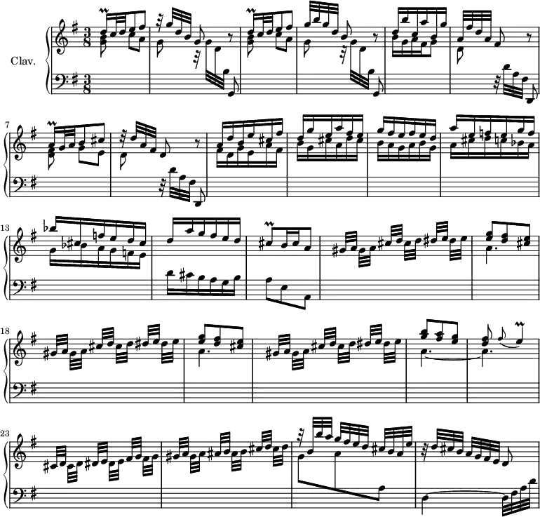 
\version "2.18.2"
\header {
  tagline = ##f
  % composer = "Domenico Scarlatti"
  % opus = "K. 146"
  % meter = ""
}
%% les petites notes
trillDqq     = { \tag #'print { d16\prall } \tag #'midi { \times 2/3 { d32 e d } } }
trillDqqUp   = { \tag #'print { d'16\prall } \tag #'midi { \times 2/3 { d32 e d } } }
trillAqq     = { \tag #'print { a16\prall } \tag #'midi { \times 2/3 { a32 b a } } }
trillCisq    = { \tag #'print { cis8\prall } \tag #'midi { d64 cis d cis~ cis16 } }
trillE       = { \tag #'print { \appoggiatura  fis8 e4\prall } \tag #'midi { fis64 e fis e~ e16~ e8 } }
upper = \relative c'' {
  \clef treble 
  \key g \major
  \time 3/8
  \tempo 4. = 48
  \set Staff.midiInstrument = #"harpsichord"
  \override TupletBracket.bracket-visibility = ##f
     % s8*0^\markup{Allegro}
      \stemUp \trillDqq c32 d e8 fis | r32 g32[ d b] g8 r8 | \trillDqqUp c32 d e8 fis | g32[ b g d] b8 r8 | 
      % ms. 5
      d16 b' c, a' b, g' | a,32[ fis' d a] fis8 r8 | \trillAqq g32 a b8 cis | r32 d32[ a fis] d8 r8 |
      % ms. 9
      a'16 d b e cis fis | d g e a fis e | g fis e fis e d | a' e f e g f | bes cis, f e d cis |
      % ms. 14
      d16 a' g fis e d | \trillCisq b16 cis a8 | \repeat unfold 2 { gis32 a s16 cis32 d s16 dis32 e s16 | < e g >8 < d fis > < cis e > } | 
       % ms. 19
      gis32 a s16 cis32 d s16 dis32 e s16 | < g b >8 < fis a > < e g > | < d fis >8  \trillE | cis,32 d s16 dis32 e s16 fis32 g s16 |
      % ms. 24
      gis32 a s16 ais32 b s16 cis32 d s16 | r32 b32[ b' a] g[ fis e d] cis[ b a e'] | r32 d[ cis b] a[ g fis e] d8 |
}
lower = \relative c' {
  \clef bass
  \key g \major
  \time 3/8
  \set Staff.midiInstrument = #"harpsichord"
  \override TupletBracket.bracket-visibility = ##f
    % ************************************** \appoggiatura a16  \repeat unfold 2 {  } \times 2/3 { }   \omit TupletNumber 
      \repeat unfold 2 { \stemDown \change Staff = "upper" < g' b >8 c[ a] | g r32 g32[ d \stemNeutral \change Staff = "lower"  b] \stemNeutral g,8 } | \stemDown \change Staff = "upper"
      % ms. 5
      b''16 g a fis g8 | d \stemNeutral \change Staff = "lower" r32 d32[ a fis] d,8 | \stemDown \change Staff = "upper" < d'' fis >8 g[ e] | d \stemNeutral \change Staff = "lower" r32 d32[ a fis] d,8 | \stemDown \change Staff = "upper"
      % ms. 9
      fis''16 d g e a fis | b g cis a d cis | b a g a b g | a cis d c bes a | g bes a g f e | \stemNeutral \change Staff = "lower"
      % ms. 14
      d16 cis b a g b | a8 e a, | \stemDown \change Staff = "upper" \repeat unfold 2 { s16 gis''32 a s16 cis32 d s16 dis32 e | a,4. } |
      % ms. 20
      s16 gis32 a s16 cis32 d s16 dis32 e | a,4._~ | a | s16 cis,32 d s16 dis32 e s16 fis32 g |
      % ms. 24
      s16 gis32 a s16 ais32 b s16 cis32 d | g,8 a \change Staff = "lower" a, | d,4~ d32 fis a d
}
thePianoStaff = \new PianoStaff <<
    \set PianoStaff.instrumentName = #"Clav."
    \new Staff = "upper" \upper
    \new Staff = "lower" \lower
  >>
\score {
  \keepWithTag #'print \thePianoStaff
  \layout {
      #(layout-set-staff-size 17)
    \context {
      \Score
     \override SpacingSpanner.common-shortest-duration = #(ly:make-moment 1/2)
      \remove "Metronome_mark_engraver"
    }
  }
}
\score {
  \keepWithTag #'midi \thePianoStaff
  \midi { }
}
