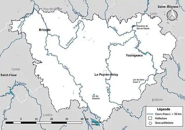 Carte des cours d'eau de longueur supérieure à 50 km de la Haute-Loire.