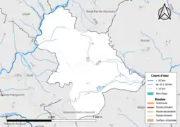 Carte en couleur présentant le réseau hydrographique de la commune