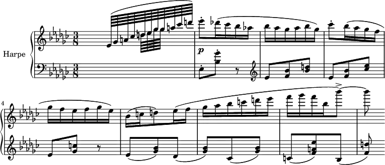 
\version "2.14.2"
\header {
  tagline = ##f
}
upper = \relative c' {
  \clef treble 
  \key ges \major
  \time 3/8
  \tempo 8 = 152
  %\autoBeamOff
   \set Staff.midiInstrument = #"orchestral harp"
  \partial 8 s16 
  \times 4/11 { \autoBeamOn << { \tempo 8 = 115 ees64( ges a! ces d! ees ges ges a ces d!) } \\ { s64*4 d,!64[ ees ges ges] } >>  }
  \tempo 8 = 152 ees'8-.\p des!16( ces bes aes! bes aes ges aes bes ges)
  ces8-. bes16(  aes ges f ges f ees f ges  ees)
  bes16( c! d!8) ees16( f ges aes bes c! d! ees f ges f bes, bes'8~->) bes8
}
lower = \relative c {
  \clef bass
  \key ges \major
  \time 3/8
  \set Staff.midiInstrument = #"orchestral harp"
  s8 ees8-. < ges' bes, >8-. r8  
  \clef treble ees8 < bes' f >8 < d! bes >
  ees,8 < bes' f >8 < ees ces > ees, < c'! ges > r8
  ees,8( < bes' ges >8) des,( < bes' ges >) ces,( < bes' ges >)
  c,!( < ees' a,! f >8) bes,( < d'! f, >)
} 
\score {
  \new PianoStaff <<
    \set PianoStaff.instrumentName = #"Harpe"
    \new Staff = "upper" \upper
    \new Staff = "lower" \lower
  >>
  \layout {
    \context {
      \Score
      \remove "Metronome_mark_engraver"
    }
  }
  \midi { }
}
