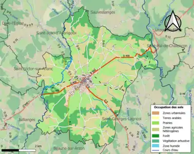 Carte en couleurs des infrastructures et de l'occupation des sols de la commune.