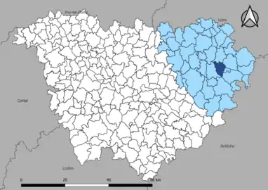 Carte représentant le commune et l'arrondissement dans le département de la Haute-Loire.