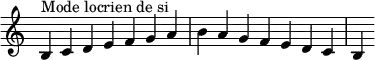  {
\override Score.TimeSignature #'stencil = ##f
\relative c' { 
  \clef treble \time 7/4
  b4^\markup { Mode locrien de si } c d e f g a b a g f e d c b
} }
