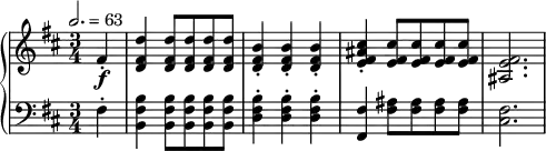 
\version "2.18.2"
\header {
  tagline = ##f
}
upper = \relative c' {
  \clef treble 
  \key b \minor
  \time 3/4
  \tempo 2. = 63
  %\override TupletBracket.bracket-visibility = ##f
   %%Schubert — Menuet D.894
   \partial 4 fis4-.\f < d' fis, d >4 q8 q q q | < b fis d >4-. q-. q-. |
   < cis fis, e ais >4-. < cis fis, e >8 q q q < fis, e ais, >2. 
}
lower = \relative c {
  \clef bass
  \key b \minor
  \time 3/4
   fis4-. < b fis b, >4 < b fis b, >8 q q q < b fis d >4-. q-. q-. < fis fis, >4 < ais fis >8 q q q < fis cis >2.
}
  \header {
    piece = ""
  }
\score {
  \new PianoStaff <<
    \new Staff = "upper" \upper
    \new Staff = "lower" \lower
  >>
  \layout {
    \context {
      \Score
    }
  }
  \midi { }
}
