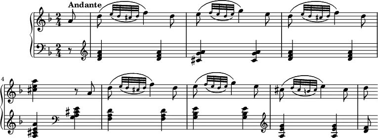 
\version "2.18.2"
\header {
  tagline = ##f
}
upper = \relative c'' {
              \key f \major
              \time 2/4
              \tempo  "Andante"
              \tempo 4 = 50
         \partial 8 a8^ \markup \bold {{"Andante"}} d (\grace {e32 _\(d cis d\)} f4) d8
          e8 (\grace {f32 _\(e d e\)} g4) e8
          d8 (\grace {e32 _\(d cis d\)}  f4) d8
          <cis e a>4 r8 a
          d ( \grace {e32 _\(d cis d\)} f4) d8
          e8 (\grace {f32 _\(e d e\)} g4) e8
          cis8 (\grace {d32 _\(cis b  cis\)} e4) cis8
          d
            }         
lower = \relative c {
         \clef bass 
                  \key f \major
                 \time 2/4
        \partial 8 r8  \clef treble <d' f a>4 <d f a>
         <cis g' a>  <cis g' a>
         <d f a>4 <d f a> <a cis e a> \clef bass 
         <g a cis e> <f a d> <f a d> 
         <g bes e> <g bes e> \clef treble
         <a e' g> <a e' g> <d f>8
             }
\score {
   \new PianoStaff <<  
    \new Staff = "upper" \upper
    \new Staff = "lower" \lower
  >>
    \layout {
    \context {
      \Score
      \remove "Metronome_mark_engraver"
    }
  }
  \midi { }
}
