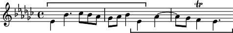 
\version "2.18.2"
\header {
  tagline = ##f
}
\score {
  \new Staff \with {
  }
<<
  \relative c'' {
    \clef treble
    \key ees \minor
    \time 4/4
     %% SUJET fugue CBT I-8, BWV 853, ré-dièse mineur
    \stemDown  ees,4^\markup { \stencil #(ly:bracket X '(-1 . 28) 0.2 -1) }
    bes'4. ces8 bes aes | ges aes bes4
ees,_\markup { \stencil #(ly:bracket X '(-2 . 28) 0.2 1) }
aes~ aes8 ges f4\trill ees4.
  }
>>
  \layout {
     \context { \Score \remove "Metronome_mark_engraver" 
     \consists "Horizontal_bracket_engraver"
     %\override SpacingSpanner.common-shortest-duration = #(ly:make-moment 1/2) 
}
  }
  \midi {} 
}
