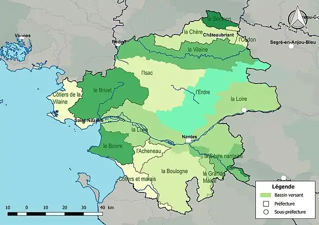Les seize principaux bassins versants de la Loire-Atlantique.