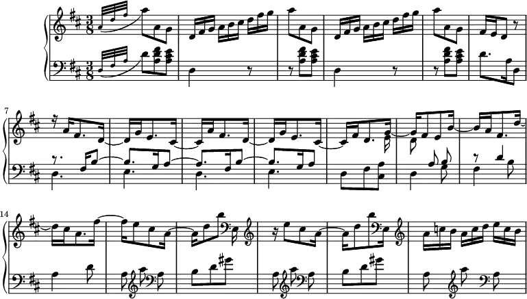 
\version "2.18.2"
\header {
  tagline = ##f
  % composer = "Domenico Scarlatti"
  % opus = "K. 145"
  % meter = "Allegro"
}
%% les petites notes
%trillBesp     = { \tag #'print { bes4.\prall } \tag #'midi { c32 bes c bes~ bes4 } }
upper = \relative c'' {
  \clef treble 
  \key d \major
  \time 3/8
  \tempo 4. = 60
  \set Staff.midiInstrument = #"harpsichord"
  \override TupletBracket.bracket-visibility = ##f
  \omit TupletNumber 
      % s8*0^\markup{Allegro}
      \grace { \tempo 4. = 20 a32( d fis } \tempo 4. = 60 a8) \repeat unfold 2 { a,8 g | \times 2/3 { d16 fis g } \times 2/3 { a[ b cis] } \times 2/3 { d fis g } | a8 }
      % ms. 5 suite
      a,8 g | fis16 e d8 r8 | << { r16 a'16 fis8. d16_~ | d g e8. cis16_~ | cis a' fis8. d16_~ |
      % ms. 10
      d16 g e8. cis16_~ | cis fis d8. g16_~ | g fis8 e b'16_~ | b16 a fis8. d'16_~ | \stemDown d16 cis a8. fis'16~ |
      % ms. 15
      fis16 e8 cis a16~ | a[ d8 b'] } 
      \\ % ms. 11/12 uniquement
      { s4.*4 s4 s16 e,,16 | d8 } >>
      % ms. 16 suite
        \clef bass e,16    \clef treble  | r16 e''8 cis a16~ | a d8 b' \clef bass e,,,16    \clef treble  | \times 2/3 { a'16 c b } \times 2/3 { a16[ c d] } \times 2/3 { e16 c b } | 
      % ms. x
}
lower = \relative c' {
  \clef bass
  \key d \major
  \time 3/8
  \set Staff.midiInstrument = #"harpsichord"
  \override TupletBracket.bracket-visibility = ##f
    % ************************************** \appoggiatura a16  \repeat unfold 2 {  } \times 2/3 { }   \omit TupletNumber 
      \grace { d,32( fis a } d8) \repeat unfold 2 { < a d fis >8 < a cis e > | d,4 r8 | r8 }
      % ms. 5 suite
       < a' d fis >8 < a cis e > | d8. a16 d,8 | << { r8. fis16 b8~ | b8. g16 a8~ | a8. fis16 b8~ | b8. g16 a8 } \\ { d,4. | e | d | e } >>
      % ms. 11
      d8 fis < cis a' > | << { \autoBeamOff s8 a'8 b | r8 d4 } \\ { d,4 g8 | fis4 b8 | a4 d8 } >>
      % ms. 15
      \repeat unfold 2 { \autoBeamOff a8   \clef treble  a''8   \clef bass a,,8 | \autoBeamOn b d gis } | \autoBeamOff a,8 \clef treble  a''8   \clef bass a,,8 |
      % ms. x
}
thePianoStaff = \new PianoStaff <<
    \set PianoStaff.instrumentName = #"Clav."
    \new Staff = "upper" \upper
    \new Staff = "lower" \lower
  >>
\score {
  \keepWithTag #'print \thePianoStaff
  \layout {
      #(layout-set-staff-size 17)
    \context {
      \Score
     \override SpacingSpanner.common-shortest-duration = #(ly:make-moment 1/2)
      \remove "Metronome_mark_engraver"
    }
  }
}
\score {
  \keepWithTag #'midi \thePianoStaff
  \midi { }
}
