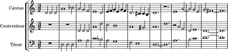 
\version "2.18.2"
\header {
  tagline = ##f
}
global= {
  \time 3/2
  \key c \major
}
Cantus = \new Voice \relative c' {
  \set Staff.instrumentName = #"Cantus"
  \set Staff.midiInstrument = #"piccolo" %orchestral harp"
  \tempo 2 = 120
    d2 d d a'1 bes2 a g f e1 d2 e4 f g e g f d2. cis4 cis b d1. r1. |
    e1 a2~ a  g e g fis1~ fis1.
    %\addlyrics { Ver- ge- ne bel- la che_ di sol ve- sti----- ta co--- ro- na- ta--   } % impossible de mettre le texte pour l'instant...
}
Contretenor = \new Voice \relative c' {
  \set Staff.instrumentName = #"Contreténor"
  \clef treble
  \set Staff.midiInstrument = #"orchestral harp" %recorder"
  R1.*2 d2 d d a'1 d2 c b1 a gis2 a1. d | 
  r2 a2 f d e1 d1.~ d
}
Tenor = \new Voice \relative c {
  \set Staff.instrumentName = #"Ténor"
  \clef bass
  \set Staff.midiInstrument = #"dulcimer"
  R1. d2 d d a'1 a2 c1 bes2 a g1 f2 e1 d1.~ d |
  a'1. b2 c1 d1.~ d
}
\score {
  \new StaffGroup <<
    \new Staff << \global \Cantus >>
    \new Staff << \global \Contretenor >>
    \new Staff << \global \Tenor >>
  >>
  \layout {
    \context {
      \Score
      \remove "Metronome_mark_engraver"
      \override SpacingSpanner.common-shortest-duration = #(ly:make-moment 1/2)
    }
  }
  \midi { }
}
