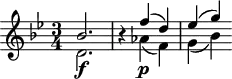 
\header {
  tagline = ##f
}
\score {
  \new Staff \with {
  }
<<
  \relative c'' {
    \key bes \major
    \time 3/4
    \override TupletBracket #'bracket-visibility = ##f 
    \autoBeamOff
     %%%%%%%%%%%%%%%%%%%%%%%%%% K45b
    << { bes2. } \\ { d,2.\f } >>
    r4
    << { f'4( d) ees( g) } \\ { aes,4\p( f) g( bes) } >>
  }
>>
  \layout {
    \context {
      \remove "Metronome_mark_engraver"
    }
  }
  \midi {}
}
