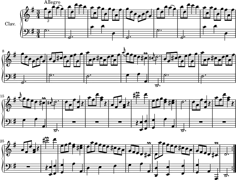 
\version "2.18.2"
\header {
  tagline = ##f
  % composer = "Domenico Scarlatti"
  % opus = "K. 391"
  % meter = "Allegro"
}
%% les petites notes
trillCis        = { \tag #'print { cis4\prall } \tag #'midi { d32 cis d cis~ cis8 } }
appoDb          = { \tag #'print { \appoggiatura cis16 d2. } \tag #'midi { cis4 d2 } }
trillCisbUp     = { \tag #'print { cis''2\prall } \tag #'midi { d32 cis d cis~ cis8~ cis4 } }
upper = \relative c'' {
  \clef treble 
  \key g \major
  \time 3/4
  \tempo 4 = 96
  \set Staff.midiInstrument = #"harpsichord"
  \override TupletBracket.bracket-visibility = ##f
  \repeat volta 2 {
      s8*0^\markup{Allegro}
      \repeat unfold 2 { \times 2/3 { g'8 d b' }   \omit TupletNumber  a4( g) | \times 2/3 { b8 d, d' } c4 b |  \times 2/3 { a8 c, a' }  \times 2/3 { g8[ b, g'] }  \times 2/3 { fis8 a, fis' } |  \times 2/3 { g8[ d b] }  \times 2/3 { g8 b d } g,4 }
      % ms. 9
      \repeat unfold 2 { \times 2/3 { b8 g cis } \times 2/3 { d8[ g, e'] } \times 2/3 { fis8 g, g' } | \times 2/3 { a8 a, b } \times 2/3 { cis8[ a d] } \times 2/3 { e a, fis' } |
      % ms. 11
      \appoggiatura a16 \times 2/3 { g8 fis e } d4 \trillCis | \appoDb } | 
      % ms. 17
      \times 2/3 { d8 a fis' } < fis, d' >4 r4 | \times 2/3 { a'8 fis d' } < fis, a >4 r4 | \times 2/3 { a,8 fis d' } < fis, a >4 r4 | \trillCisbUp d4 | \times 2/3 { e,8 fis g } < d fis >4 < cis e >
      % ms. 22
      d2. | \times 2/3 { d8 a fis' } < fis, d' >4 r4 | \times 2/3 { a'8 fis d' } < fis, a >4 r4 | \times 2/3 { a,8 fis d' } < fis, a >4 r4 | \trillCisbUp d4 | \times 2/3 { e,8 fis g } < d fis >4 < cis e > |
      % ms. 28
      \times 2/3 { d8 a' g } \times 2/3 { fis8[ e d] }  \times 2/3 { cis8 b a }  \times 2/3 { g8[ fis e] } d4 \trillCis | \times 2/3 { d8 a'' g } \times 2/3 { fis8[ e d] }  \times 2/3 { cis8 b a }  \times 2/3 { g8[ fis e] } d4 \trillCis | d2. }%repet
}
lower = \relative c' {
  \clef bass
  \key g \major
  \time 3/4
  \set Staff.midiInstrument = #"harpsichord"
  \override TupletBracket.bracket-visibility = ##f
  \repeat volta 2 {
    % ************************************** \appoggiatura a16  \repeat unfold 2 {  } \times 2/3 { }   \omit TupletNumber 
      \repeat unfold 2 { g2. | g, | c'4 d d, | g,2. } |
      % ms. 9
      \repeat unfold 2 {  g'2. | fis | 
      % ms. 11
      g4  a a, | d,2. } | 
      % ms. 17
      R2.*3 | r4 < e e' >4 < fis fis' > < g g' > a' a, |
      % ms. 22
      d,2. | R2.*3 | r4 < e e' >4 < fis fis' > < g g' > a' a, |
      % ms. 28
      d4 e fis g a a, < d, d' >4 < e e' >4 < fis fis' > | < g g' > a a, | d2. }%repet
}
thePianoStaff = \new PianoStaff <<
    \set PianoStaff.instrumentName = #"Clav."
    \new Staff = "upper" \upper
    \new Staff = "lower" \lower
  >>
\score {
  \keepWithTag #'print \thePianoStaff
  \layout {
      #(layout-set-staff-size 17)
    \context {
      \Score
     \override SpacingSpanner.common-shortest-duration = #(ly:make-moment 1/2)
      \remove "Metronome_mark_engraver"
    }
  }
}
\score {
  \unfoldRepeats
  \keepWithTag #'midi \thePianoStaff
  \midi { }
}
