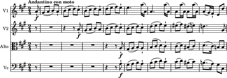 
<<
\new Staff \with { instrumentName = #"V1 "} \relative c'' {
    \version "2.18.2"
    \clef treble
    \key a \major 
    \tempo "Andantino con moto"
    \time 2/4 
    \tempo 4 = 70
     \partial 8 a8-! \f
     gis (a b) a-!
     b (cis d) cis-!
     b (cis d) cis-!
     d (e fis) e-!
     e4. a16 (a,)
     a4. a'16 (a,)
     a8 a'16 (a,) a8 a'16 (a,)
     a8 (gis16) fis-! e8 d'
}
\new Staff \with { instrumentName = #"V2 "} \relative c'' {
  \clef treble
    \key a \major 
    \time 2/4
    \partial 8 r8 R2   r4 r8  a8-! \f
   gis (a b) a
   b (cis d) cis-!
   b (cis d) cis-!
    d (e fis) e-!
    eis (fis) dis (e!)
    d!4. gis,8
}
\new Staff \with { instrumentName = #"Alto "} \relative c'' {
    \key a \major 
    \clef alto
    \time 2/4
    \partial 8 r8 R2  R2 R2 r4 r8  a,8-! \f
     gis (a b) a-!
     b (cis d) cis-!
     cis (d) bis (cis)
     d8. (cis16) b!8 b
}
\new Staff \with { instrumentName = #"Vc "} \relative c'' {
    \key a \major 
    \clef bass
    \time 2/4
    \partial 8 r8 R2  R2 R2 r4 r8  a,8-! \f
   gis (a b) a-!
   b (cis d) cis-!
   cis (d) bis (cis)
   b!8. (a16) gis8 cis,
}
>>
