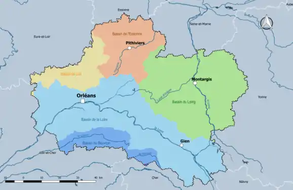 Les cinq principaux bassins versants du Loiret : Loire , Loing, Beuvron, Essonne et Loir.