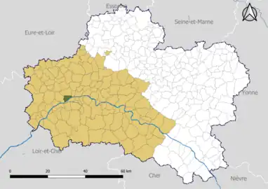Carte représentant le commune et l'arrondissement dans le département du Loiret.