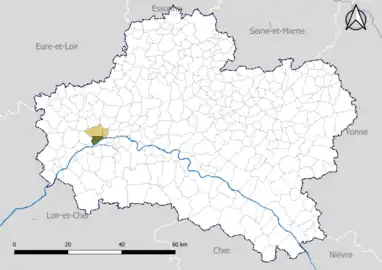 Carte représentant le commune et le canton dans le département du Loiret.
