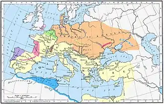 Carte de l’Europe vers 450, comportant des lignes de divisions territoriales.
