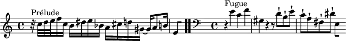 
\version "2.18.2"
\header {
  tagline = ##f
}
\score {
  \new Staff \with {
%fontSize = #-2
  }
<<
  \relative c'' {
    \key a \minor
    \time 4/4
	\set Staff.midiInstrument = #"harpsichord" 
     %% INCIPIT CBT II-20, BWV 889, la mineur
      r32^\markup{Prélude} c32 d e f16 c b16 dis e bes a cis d gis,~ gis a8 b16 | \once \override Staff.TimeSignature #'stencil = ##f \time 2/8
{ 
 % suppression des warnings :
 #(ly:set-option 'warning-as-error #f)
 #(ly:expect-warning (_ "stem does not fit in beam")) %% <= à traduire éventuellement
 #(ly:expect-warning (_ "beam was started here")) %% <= à traduire éventuellement
  \set stemRightBeamCount = #1
  e,4*1/2[ s]
} \bar ".."
     \skip 8*1
     %\once \override Staff.Clef.full-size-change = ##t
     \relative c' 
     \override Staff.Clef.extra-offset = #'( -1 . 0 )
    \time 4/4 \clef bass
     \partial 1
     r4^\markup{Fugue} e4 c f gis, r4 r8 d'8-! b-! e-! c-! a-! fis-! dis'-! 
{ 
 % suppression des warnings :
 #(ly:set-option 'warning-as-error #f)
 #(ly:expect-warning (_ "stem does not fit in beam")) %% <= à traduire éventuellement
 #(ly:expect-warning (_ "beam was started here")) %% <= à traduire éventuellement
  \set stemRightBeamCount = #1
  e,4*1/2[ s]
}
  }
>>
  \layout {
     \context { \Score \remove "Metronome_mark_engraver" 
     \override SpacingSpanner.common-shortest-duration = #(ly:make-moment 1/2) 
       }
  }
  \midi {}
}
