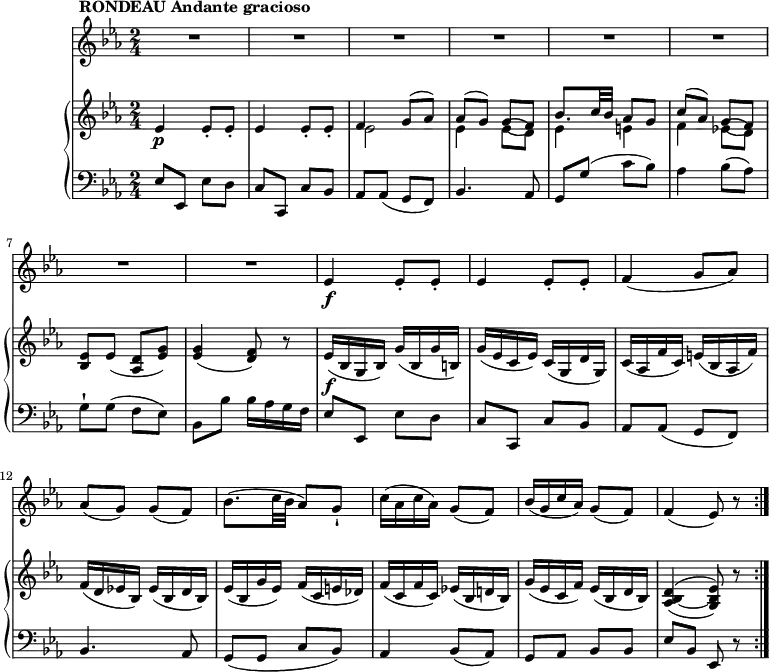 
\version "2.18.2"
\header {
  tagline = ##f
}
upper = \relative c'' {
               \key ees \major
               \time 2/4
               \tempo 4 = 65
           ees,4\p  ees8-. ees-.
          ees4 ees8-. ees-.
          <<{\stemDown ees2 ees4 ees8 (d) ees4 e f ees!8 (d)} \\ { \stemUp f4 g8 ^(aes) aes ^ (g) g (f) bes8. c32 bes aes8 g c ^(aes) g (f)}>>
          <ees bes> ees (<d aes> <ees g>))
          <ees g>4 ( <d f>8) r
          ees16\f (bes g bes) g' (bes, g' b,)
          g' (ees c ees) c (g d' g,)
          c (aes f' c) e (bes aes f')
          f (d ees! bes) ees (bes d bes)
          ees (bes g' ees) f (c e! des)
          f (c f c) ees! (bes d! bes)
          g' (ees c f) ees (bes d bes)
          \set doubleSlurs = ##t <aes bes ~ d>4 (<g bes ees>8) r \bar ":|."
            }
lower =  \relative c {
                \clef bass 
                 \key ees \major
                \time 2/4
          ees8  ees, ees' d
          c8  c, c' bes
          aes aes (g f)
          bes4. aes8
          g g' (c bes)
          aes4 bes8 (aes)
          g-! g (f ees)
          bes bes' bes16 aes g f
          ees8  ees, ees' d
          c8  c, c' bes
          aes aes (g f)
          bes4. aes8
         g (g c bes)
         aes4 bes8 (aes)
         g aes bes bes
         ees bes ees, r \bar ":|."
             }
 vl = \relative c'' {
              \key ees \major
               \time 2/4
    R1*2/4^ \markup \bold {{"RONDEAU Andante gracioso"}}           \repeat unfold 7 {R1*2/4}
    ees,4\f  ees8-. ees-.
    ees4 ees8-. ees-.
    f4 (g8 aes)
    aes (g) g (f)
    bes8. (c32 bes aes8) g-!
    c16 (aes c aes) g8 (f)
    bes16 (g c aes) g8 (f)
    f4 (ees8) r8 \bar ":|."
                 }             
\score {
    \new GrandStaff <<
      \new PianoStaff <<  
        \new Staff = "upper" \upper
        \new Staff = "lower" \lower
       \set Staff.midiMinimumVolume = #0.2 \set Staff.midiMaximumVolume = #0.5
    >>
   \new Staff = "vl" \vl
    >>
    \layout {
    \context {
      \Score
      \remove "Metronome_mark_engraver"
    }
  }
  \midi { }
}
