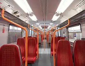 L'intérieur d'une voiture TSO de South West Trains ; la disposition des sièges est 2x2