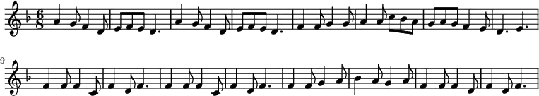 
\relative c' { \key d \minor \time 6/8 
a'4 g8 f4 d8 |e8 f8 e8 d4. | a'4 g8 f4 d8 |e8 f8 e8 d4. | f4 f8 g4 g8 | a4 a8 c8 bes8 a8 | g8 a8 g8 f4 e8 d4. e4. | f4 f8 f4 c8 f4 d8 f4.| f4 f8 f4 c8 f4 d8 f4. |f4 f8 g4 a8 bes4 a8 g4 a8 | f4 f8 f4 d8 f4 d8 f4.
 }
