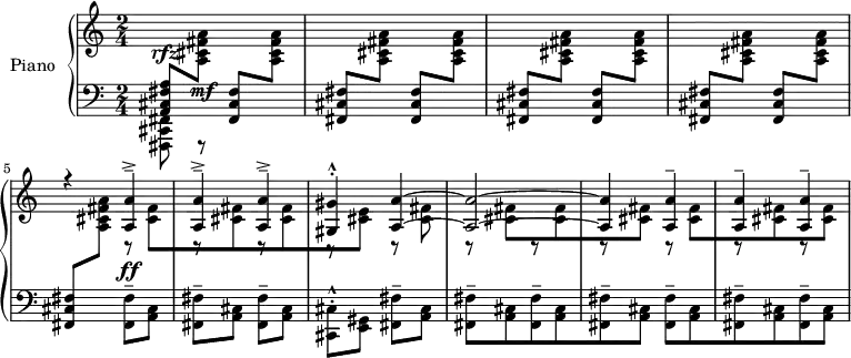 
\version "2.18.2"
\header {
  tagline = ##f
}
upper = \relative c' {
  \clef treble 
  \key c \major
  \time 2/4
  \tempo 4 = 96
  \tempo "Allegro"
  \change Staff = "lower" \stemUp < a, cis fis a >8^\rfz \change Staff = "upper" \stemDown < a' cis fis a >8\mf
  \change Staff = "lower" \stemUp < fis, cis' fis >8 \change Staff = "upper" \stemDown < a' cis fis a >8
  \repeat unfold 3 { \repeat unfold 2 { \change Staff = "lower" \stemUp < fis, cis' fis >8 \change Staff = "upper" \stemDown < a' cis fis a >8 }}
  << { r4 \repeat unfold 3 { < a a' >4---> } < gis gis' >4-^-. < a a' >4~ < a a' >2~ < a a' >4 \repeat unfold 3 { < a a' >4-- } } \\ { \change Staff = "lower" \stemUp < fis, cis' fis >8 \change Staff = "upper" \stemDown < a' cis fis a >8 r8 < cis fis >[ r8 < cis fis > r8 < cis fis > r8 < cis e >] r8 < cis fis >8   \repeat unfold 2 {  r8 < cis fis >8[ r8 < cis fis >8 r8 < cis fis >8] } } >>
}
lower = \relative c {
  \clef bass
  \key c \major
  \time 2/4
   \stemDown < fis,, cis' fis >8 fis8\rest s4*8 < fis' fis' >8--^\ff < a cis >8 \repeat unfold 2 { < fis fis' >8-- < a cis > }
   < cis, cis' >8-^-. < e gis > < fis fis' >-- < a cis > 
   \repeat unfold 2 { < fis fis' >8--[ < a cis > < fis fis' >8-- < a cis > < fis fis' >8-- < a cis >] }
}
\score {
  \new PianoStaff <<
    \set PianoStaff.instrumentName = #"Piano"
    \new Staff = "upper" \upper
    \new Staff = "lower" \lower
  >>
  \layout {
    \context {
      \Score
      \remove "Metronome_mark_engraver"
    }
  }
  \midi { }
}
