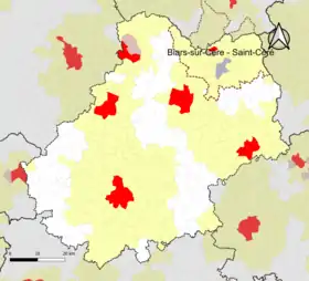 Localisation de l'aire d'attraction de Biars-sur-Cère - Saint-Céré dans le département du Lot.