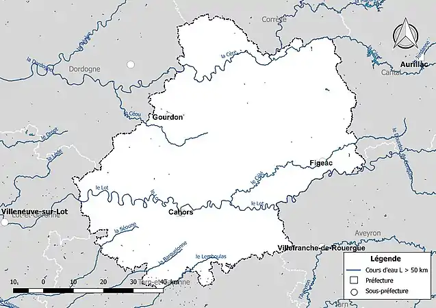 Carte des cours d'eau de longueur supérieure à 50 km du Lot.