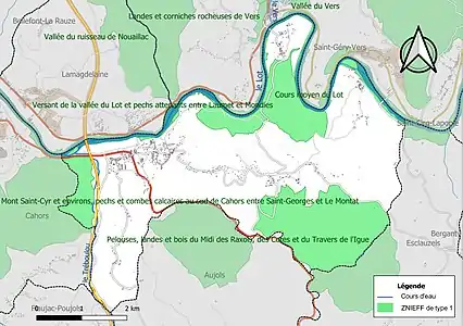 Carte des ZNIEFF de type 1 sur la commune.