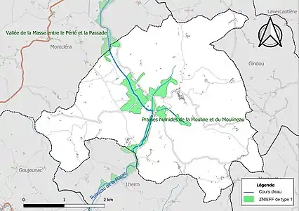 Carte des ZNIEFF de type 1 sur la commune.