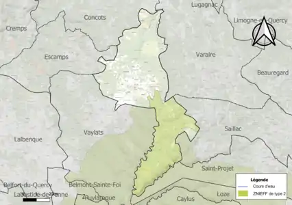 Carte de la ZNIEFF de type 2 sur la commune.