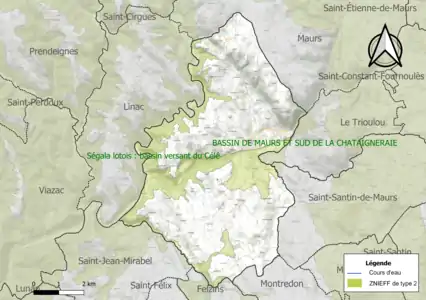 Carte de la ZNIEFF de type 2 sur la commune.