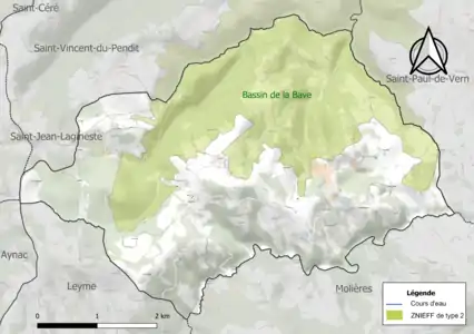 Carte de la ZNIEFF de type 2 sur la commune.