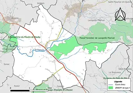 Carte des ZNIEFF de type 1 sur la commune.