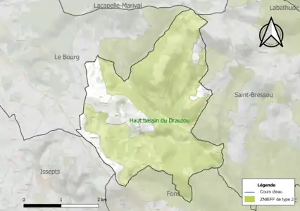 Carte de la ZNIEFF de type 2 sur la commune.