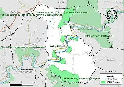 Carte des ZNIEFF de type 1 sur la commune.